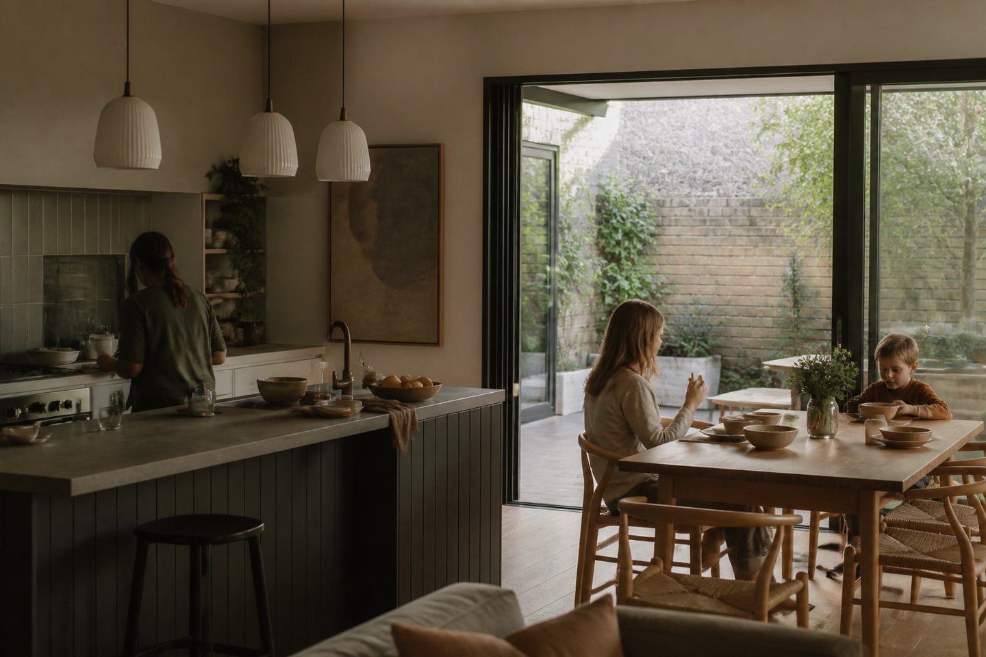 Family morning around a kitchen opening to a courtyard