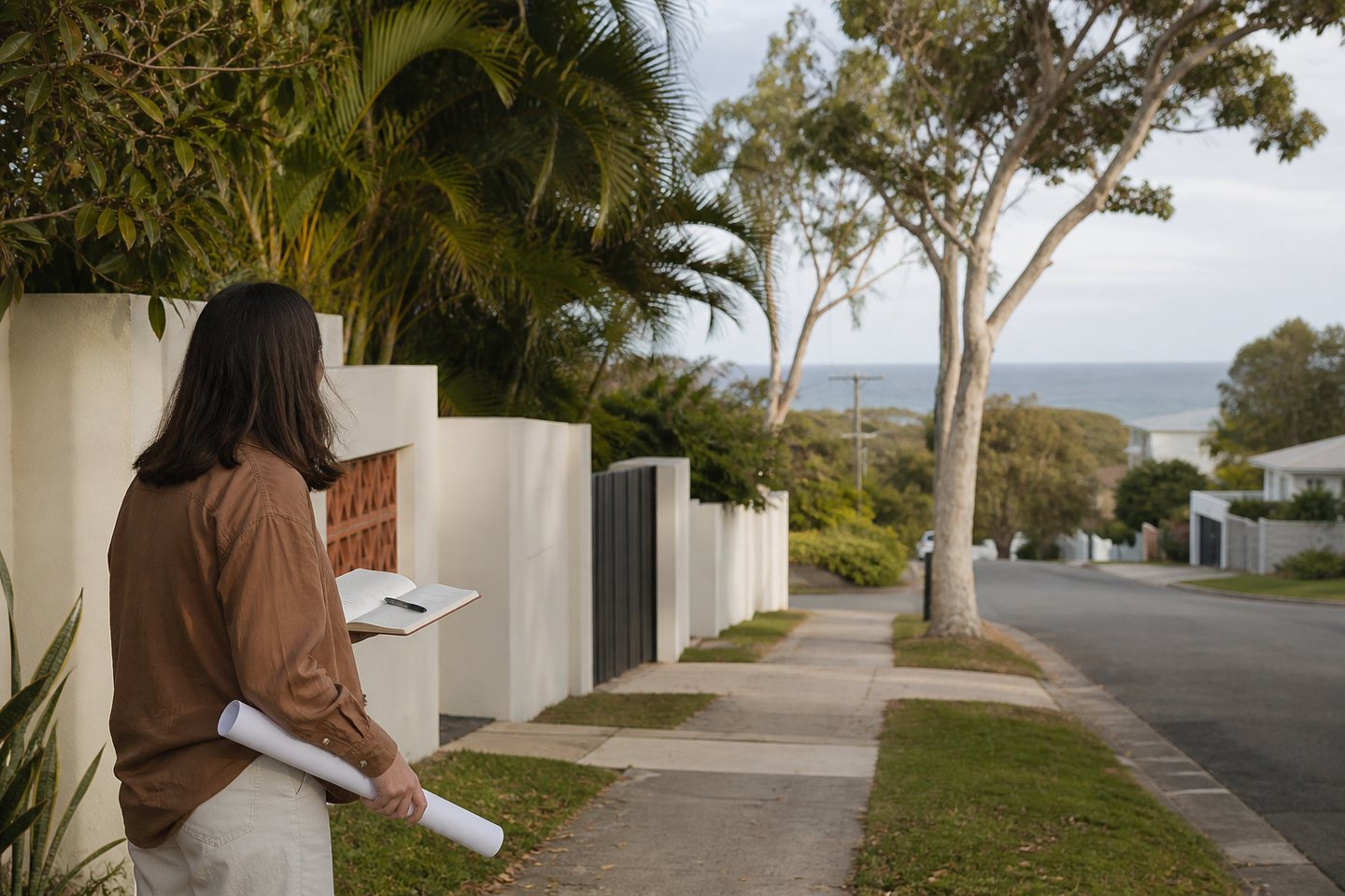 Designer observing a coastal suburban street