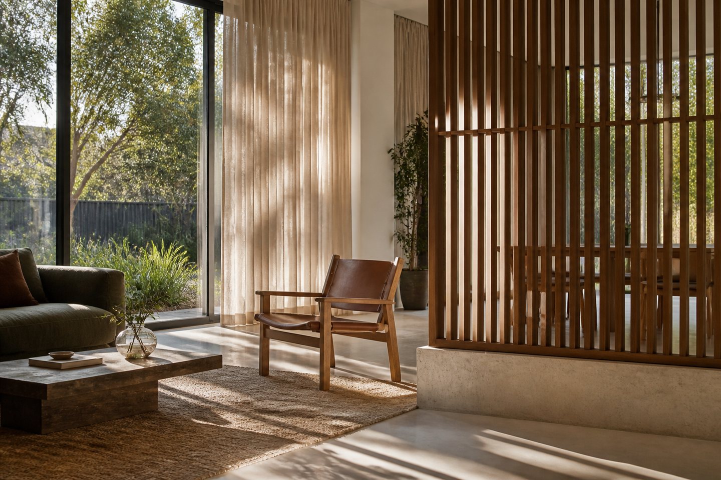 Sunlight filtered through timber screens in a living room