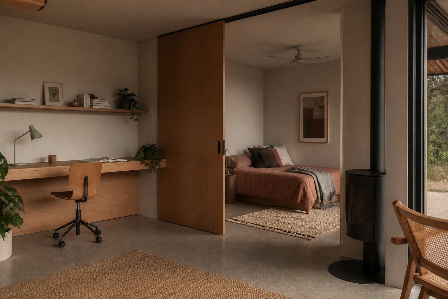 Flexible room divided into work and sleeping zones