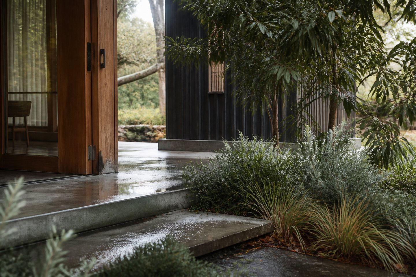 Rain-damp threshold between a timber house and native garden