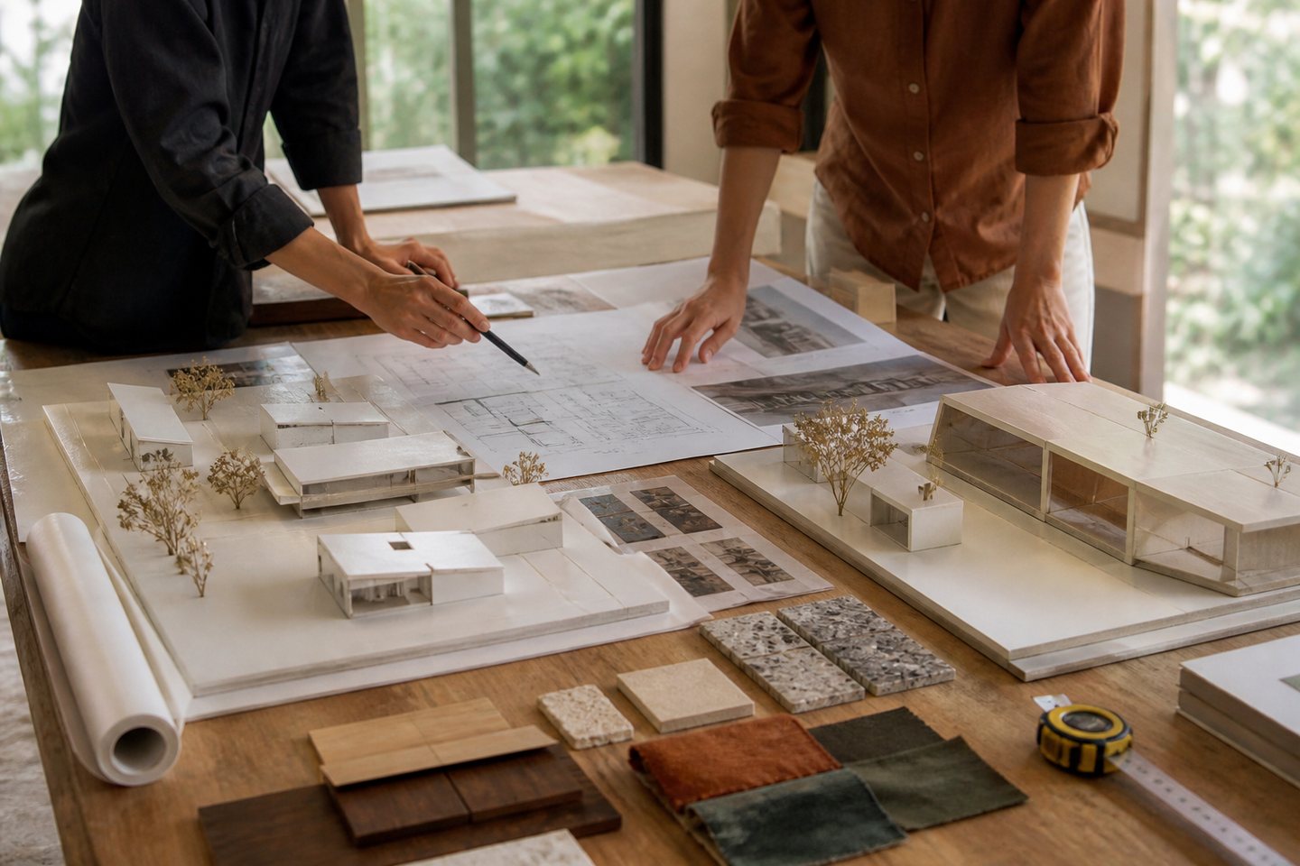 Design review table with models, plans and material samples